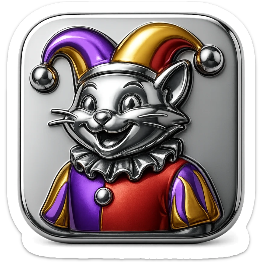 crazy colorful cute little cat jolly joker from poker, medieval, vintage, court jester, mac os icon, purple, gold and red color, half body. Squared shape as 3D mac os icon sticker