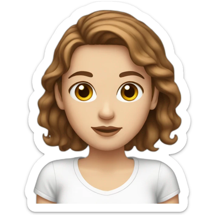 white girl with brown wavy hair and brown eyes and wears white tshirt sticker