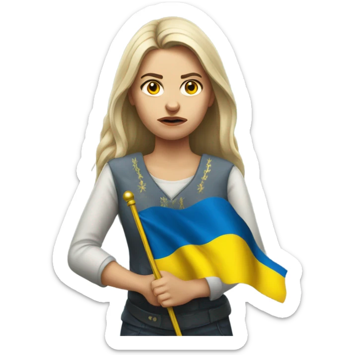 super-realistic angry female Ukrainian holds the ukranian flag sticker