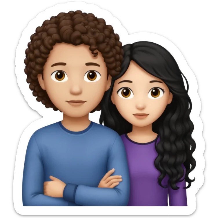 a lightskin boy with brown curly hair putting his arm around an asian girl with straight long black hair sticker