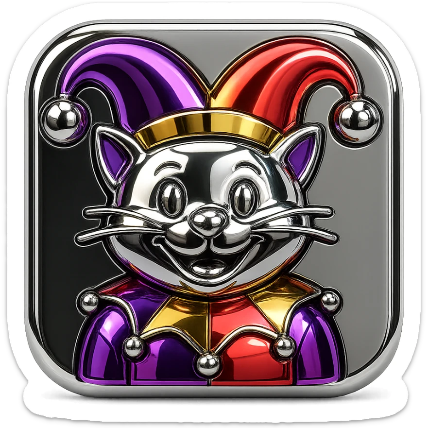 crazy colorful cute little cat jolly joker from poker, medieval, vintage, court jester, mac os icon, purple, gold and red color, half body. Squared shape as 3D mac os icon, symmetrical sticker
