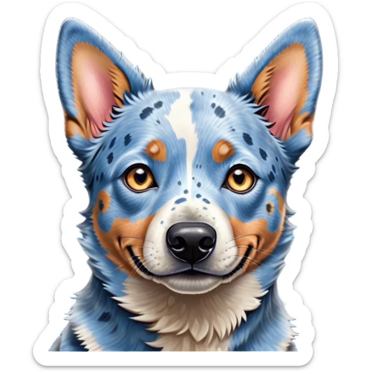 Cinematic Cute Blue Speckle Australian Cattle Dog Portrait Emoji, Head tilted playfully and inquisitively, featuring a vibrant blue speckle Fur with dynamic patterns, round, sparkling blue eyes filled with curiosity, Simplified yet irresistibly adorable features, highly detailed, glowing with a warm, friendly glow, high shine, affectionate and energetic, stylized with a touch of whimsy, bright and endearing, soft glowing outline, capturing the essence of a mischievous yet loving pup, so playful it feels like it could bound out of the screen and into your arms! sticker