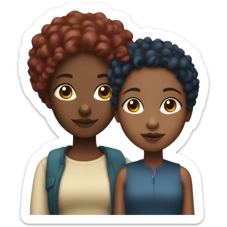 Black girl with curly burgundy hair with her mom that is light skin and has short blue hair sticker