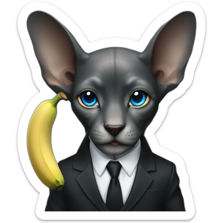 dark grey sphinx with bright blue eyes wearing black suit, holding banana in paws, portrait sticker