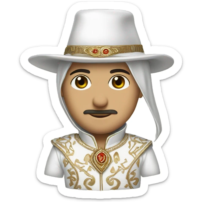 An emoji of a traditional Turkish circumcision outfit, featuring a white suit with decorative embroidery, a cape, and a matching hat adorned with feathers sticker