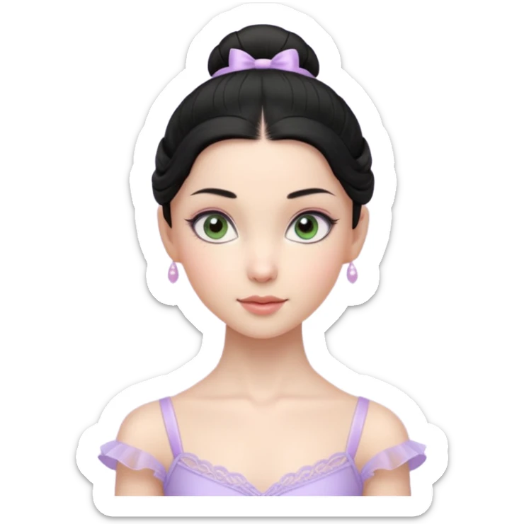 Cinematic Realistic ballerina Light Purple Portrait, depicted with lifelike skin texture, subtle rosy undertones, and soft natural lighting that enhances the gentle contours of her face. Her intricately detailed sweet black hair is elegantly styled, green eyes sticker