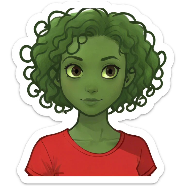 Girl with tan skin, 3b curly hair, and dark brown eyes. With a red shirt  sticker