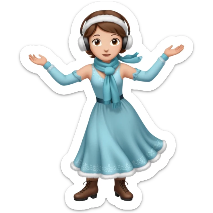 Victorian ice skater in a long dress. She is wearimg a scarf and earmuffs. She has boriwn hair. sticker