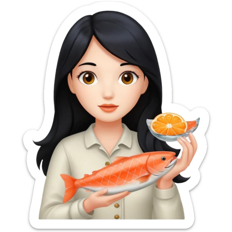 White lady with long black hair and a round face holding a salmon  sticker