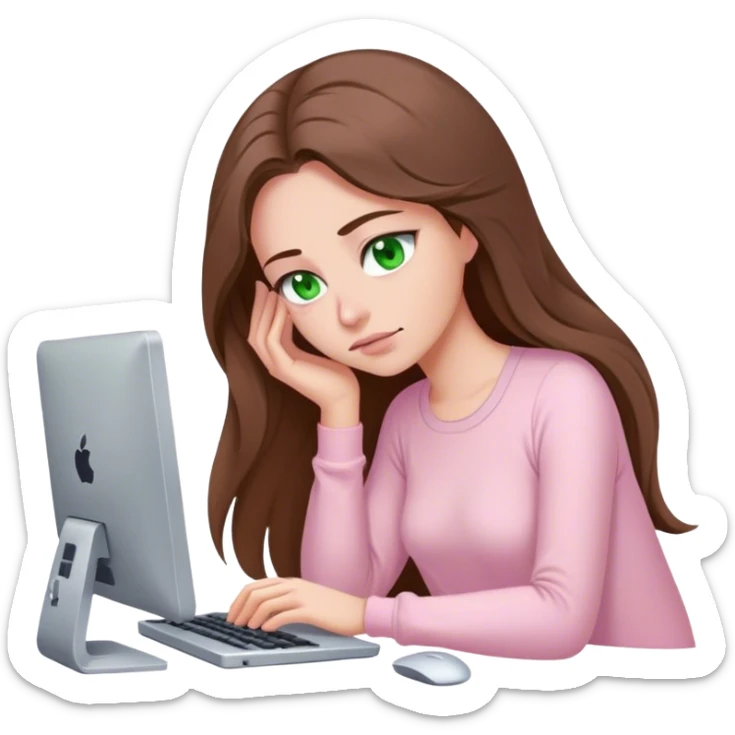 pretty woman with very long brown hair and green eyes and light pink outfit sleepy working on a computer sticker