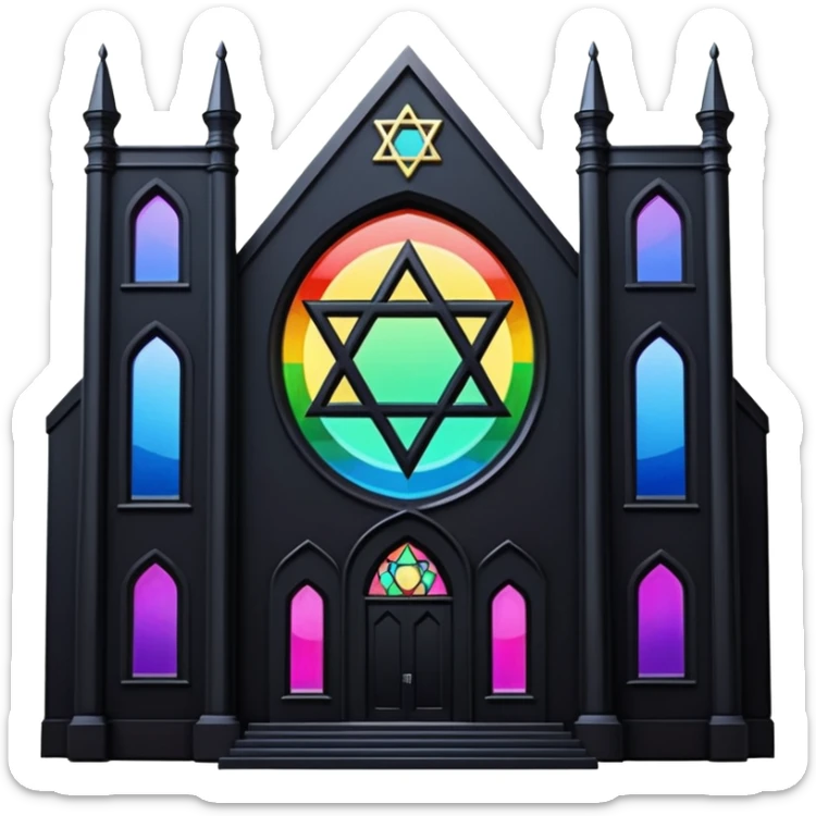 jewish synagogue temple in dark goth aesthetic style with black building and rainbow tint glass windows and star of david sticker