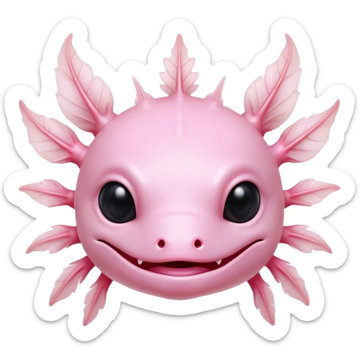Cinematic Noble Axolotl Portrait Emoji, Poised and regal, with a slender, graceful build and smooth, pale pink skin adorned with feathery external gills, deep-set soulful dark eyes, Simplified yet sharp and sophisticated features, highly detailed, glowing with a soft, ethereal glow, high shine, intelligent and enigmatic, stylized with an air of aquatic elegance, focused and attentive, soft glowing outline, capturing the essence of a watchful and mystical creature, so majestic it feels as though it could glide out of the screen with effortless authority! sticker