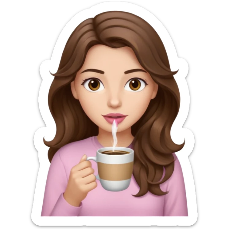 girl with wavy long brown hair, brown eyes, light to medium complexion, long lashes, light pink lipstick, wearing light pink shirt, sipping coffee sticker