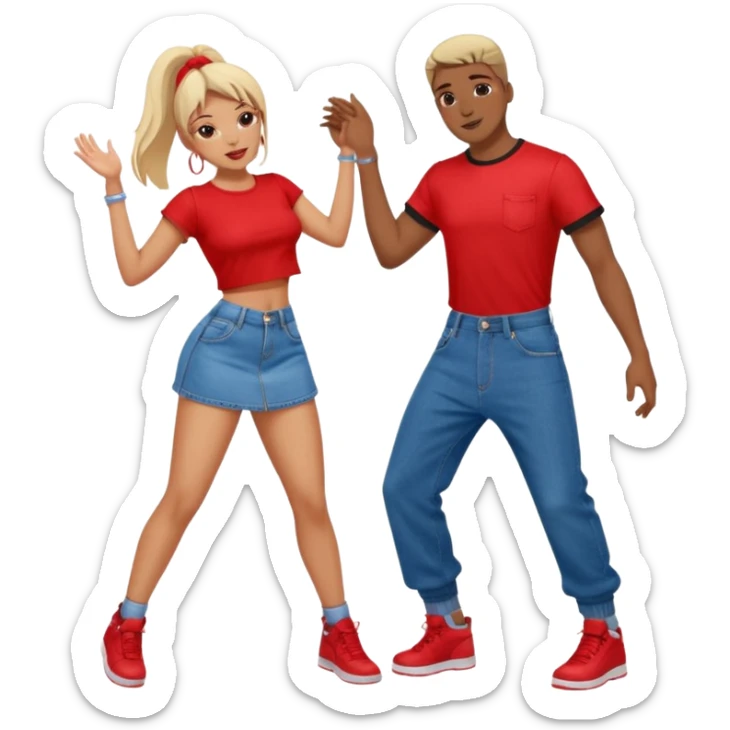 Couple dancing with girl in front twerking girl wearing denim mini skirt with a red crop top guy wearing black jersey with denim baggy pant sticker