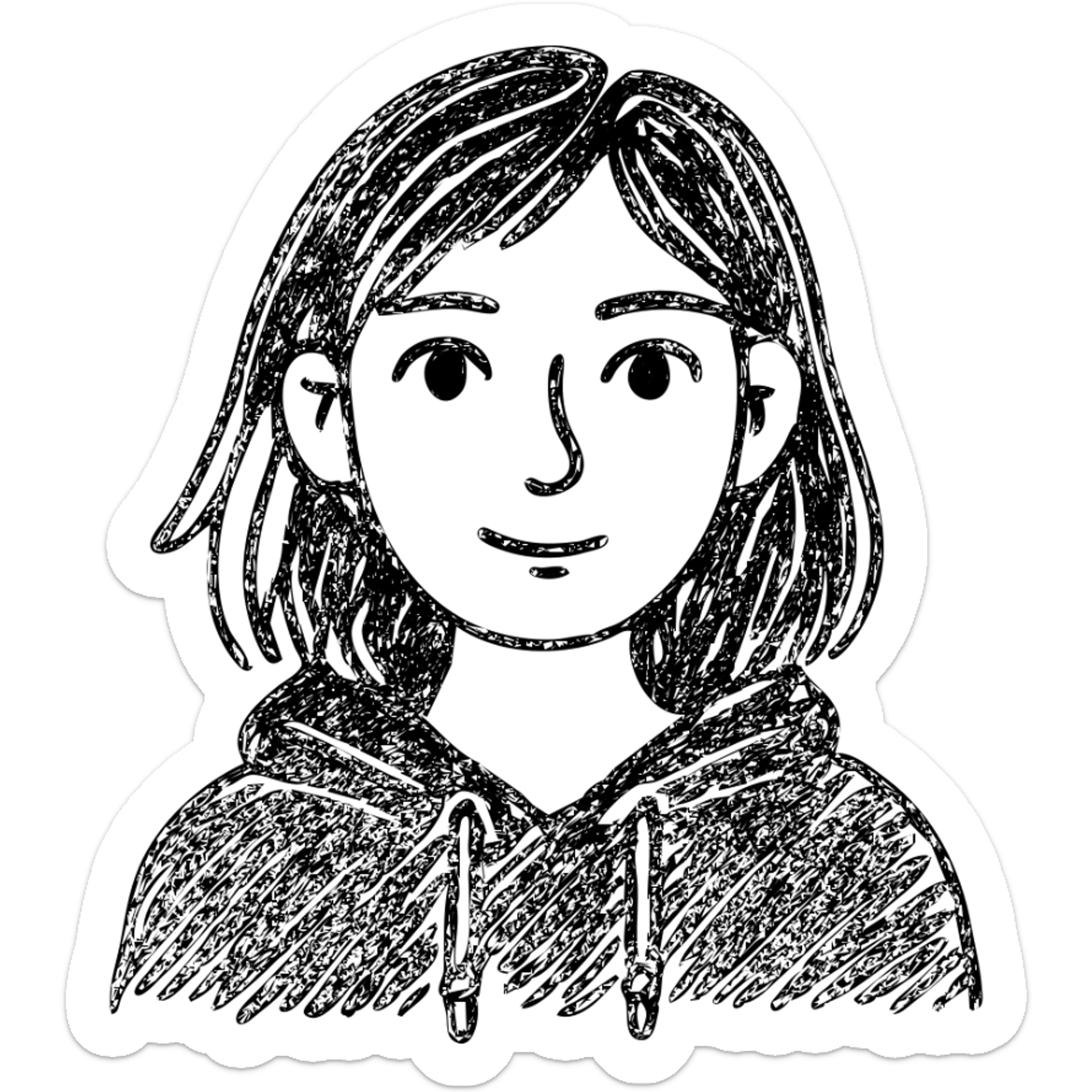 designer girl with blue eyes, shoulder-length brown hair with blonde streaks, black hoodie sticker