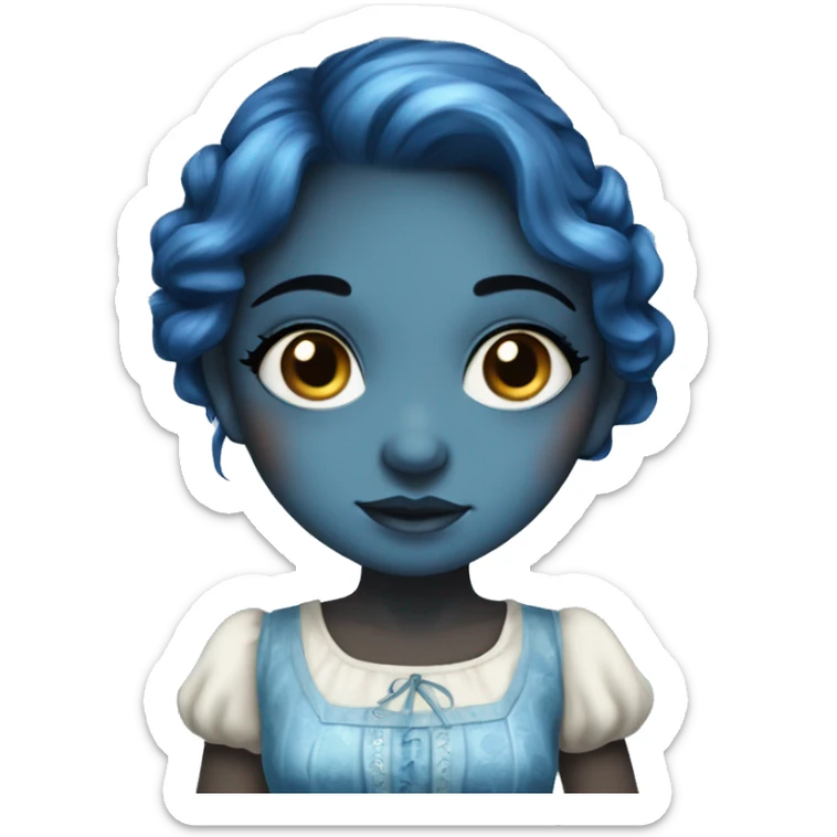 A beautiful blue skinned fantasy girl who has dark blue hair that shines. She has freckles on her nose and wears a cottage dress. sticker