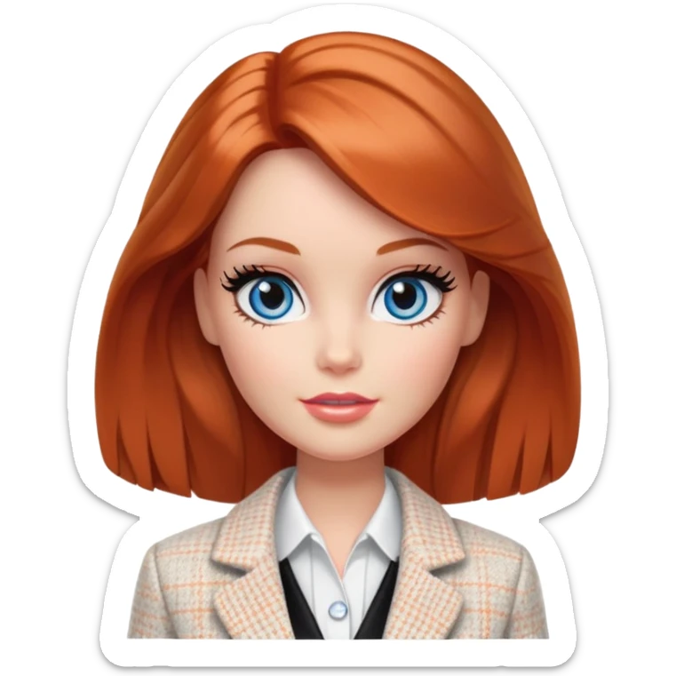 A Barbie girl with blue eyes, shoulder-length reddish-brown hair with makeup, wearing a white tweed jacket and a black skirt stands with hiskin orange cream sticker