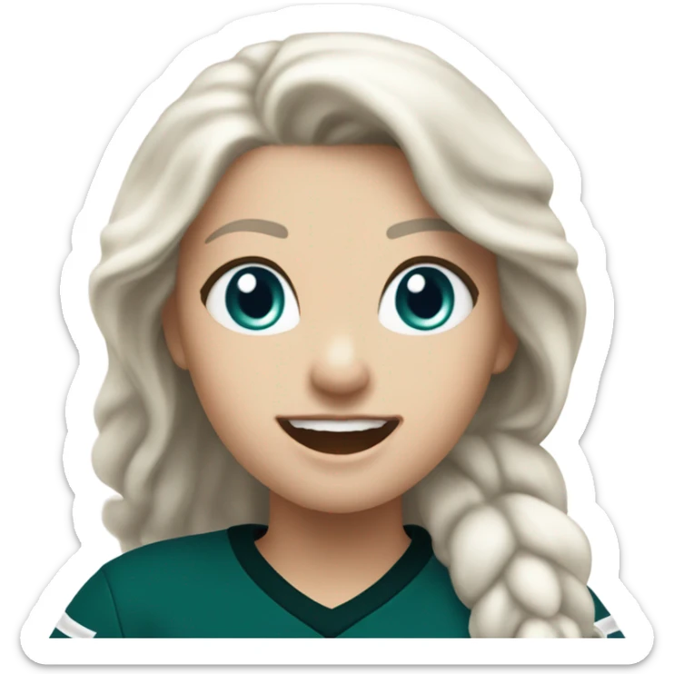 White female with light skin, white hair with blue eyes wearing Philadelphia Eagles jersey cheering  sticker