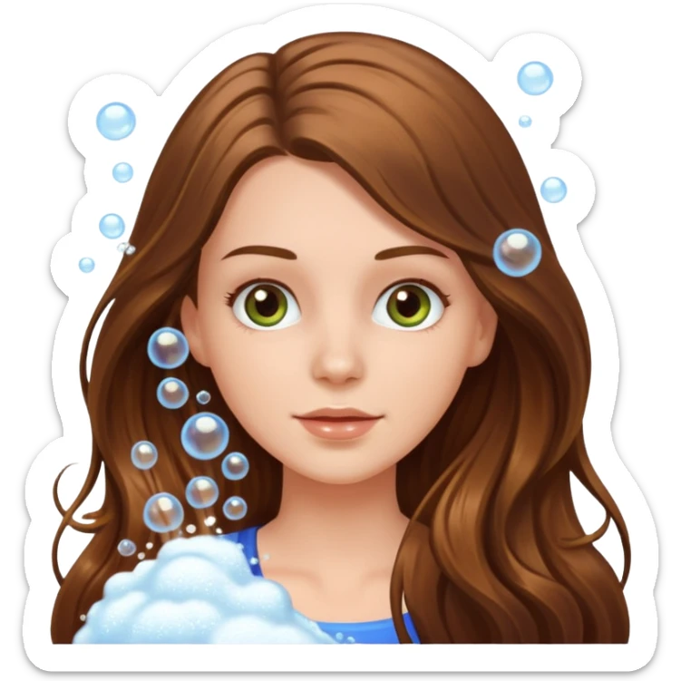 white long brunette hair girl with hazel eyes in the shower putting shampoo in with lots of bubbles sticker