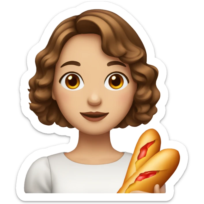 a french girl with brown mid-length wavy bob cut hair and brown eyes holding a baguette with an emoji heart,  sticker