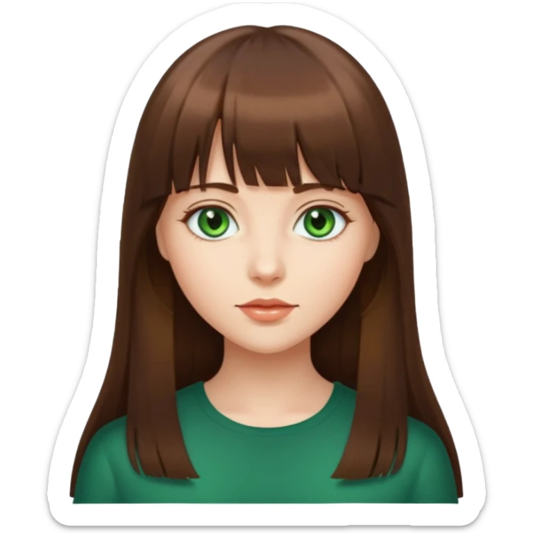 beautiful woman, straight long brown hair with bang, green eyes  sticker