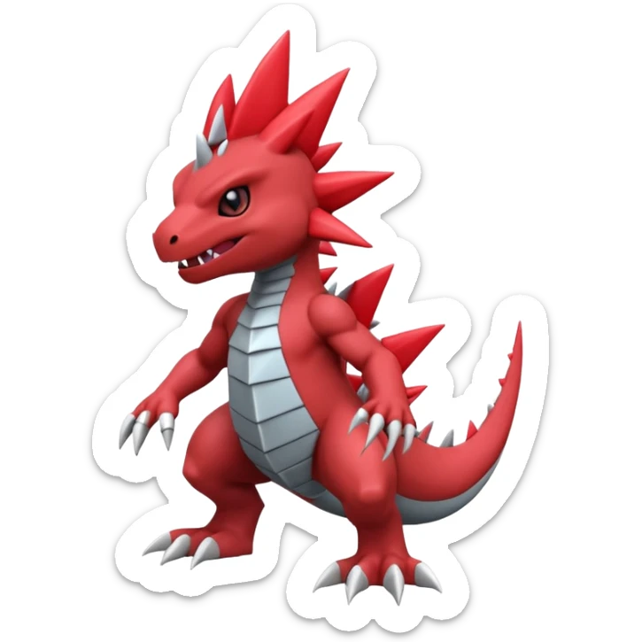 A 3D CGI model of a red-colored edgy kawaii Guilmon-Axew-Tyrantraum-Larvitar-Fakémon-Pokémon-Digimon-creature (full body) sticker