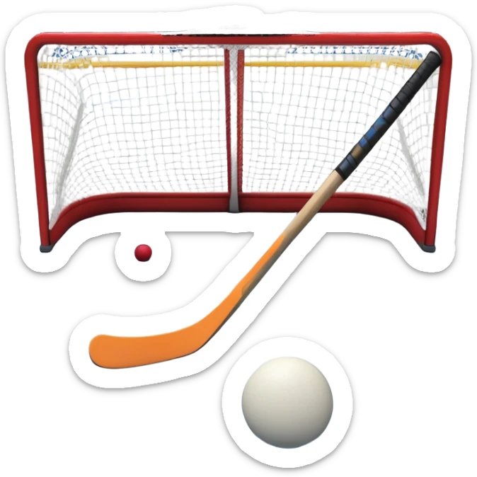 A ball and hockey stick resting on an ice rink, with the goalposts and clear markings in the background. The scene captures the unique nature of field hockey with a ball on ice, emphasizing the speed and precision of the sport in a cold, competitive atmosphere. sticker