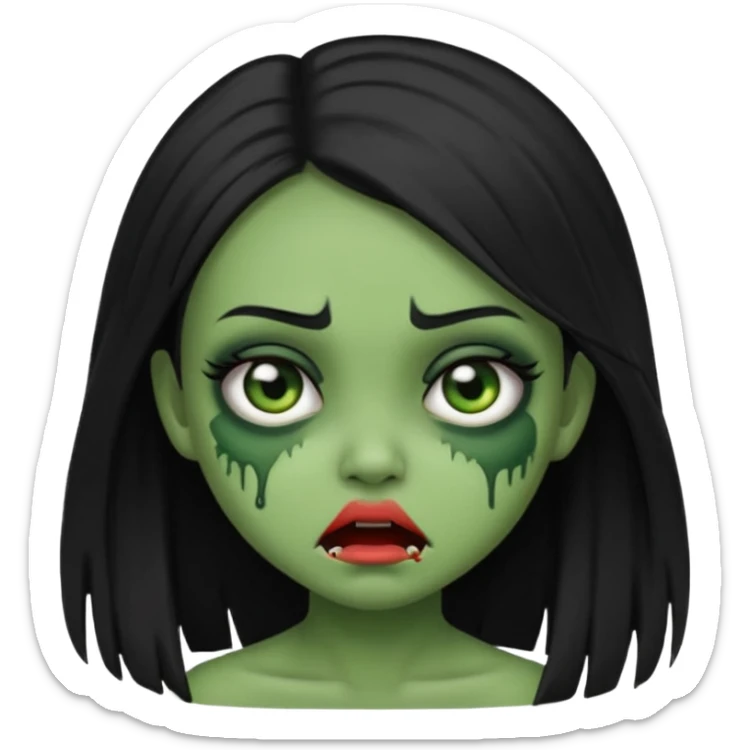 cute expression half-zombie girl emoji, straight black hair, green skin, no text sticker