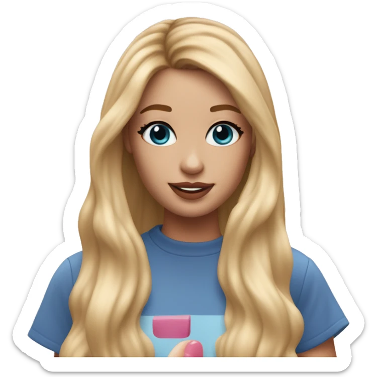 a 30 year old girl who looks like margo robbie wearing make up, has long blonde hair, blue eyes and is scrolling through tiktok  sticker