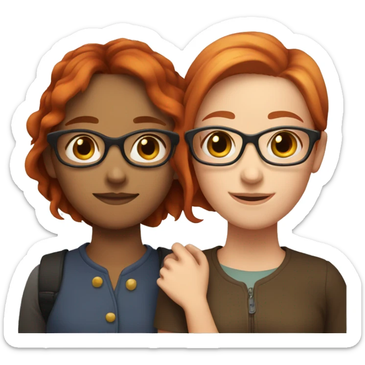 Two girls hugging each other both one with red hair and glasses and the other one with brown hair sticker