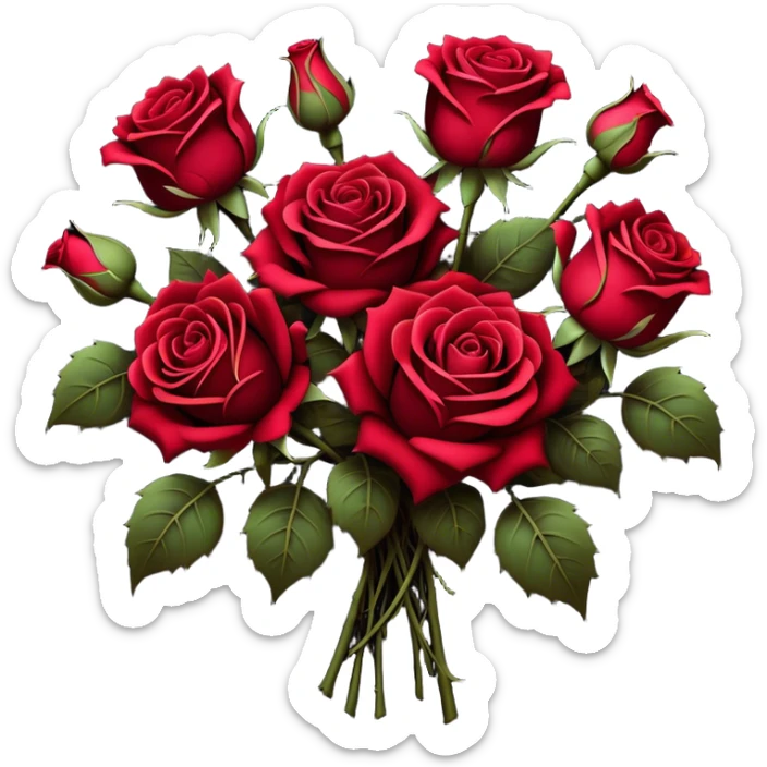 A surreal bouquet of Gothic roses, their petals drenched in crimson hues, from Venetian red to rustic tones, glowing against a dark, misty backdrop. The air is heavy with an eerie, romantic atmosphere, as if the flowers hold secrets of the past.
 sticker