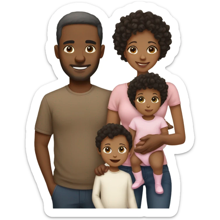 A family with the dad who is black with dark short hair, the mom who is light skin with medium length brown hair and the baby who is light skin with short curly hair and a heart  sticker