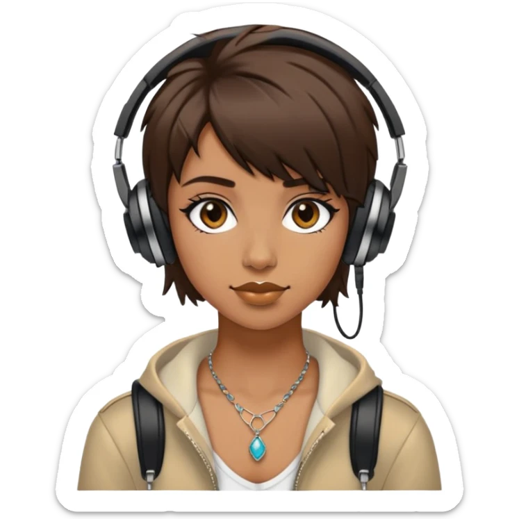 cool girl with short shaggy brown hair with a nose piercing and black headphones and cool jewelry sticker
