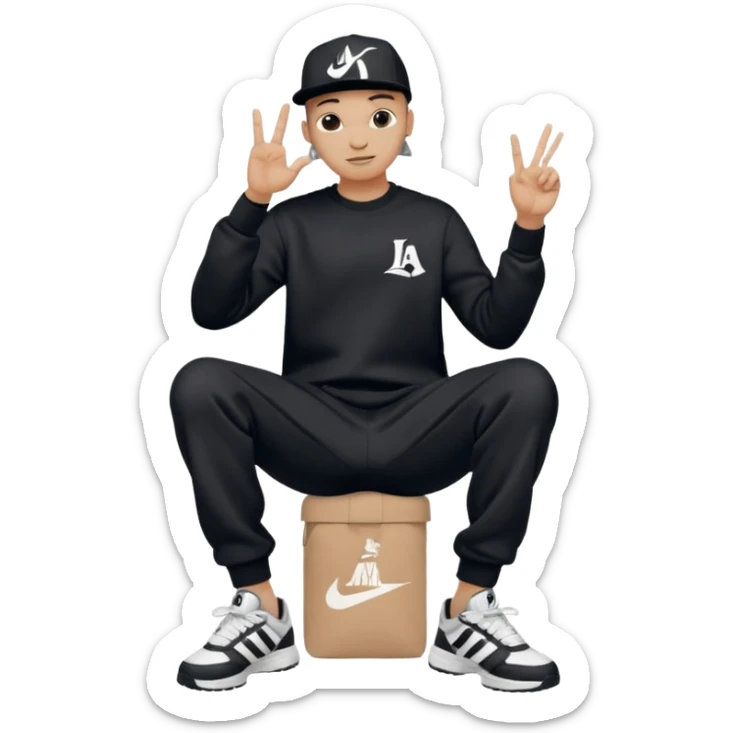Crea Un Emoji De Cuerpo Completo Que Sea Hombre Con Corte Alucin Que Tenga Gorra Nike, Suéter Negro Que Tenga La Letras LA El La Parte Del Corazón, Zapatos Adidas Con Una Palomita✅, Pantalón Ancho O Bellaco Con Unos Diseños De Palomas Blancas Y Asiendo Una Pose Con Su Mano Que Sea Está 🤙🏽. sticker