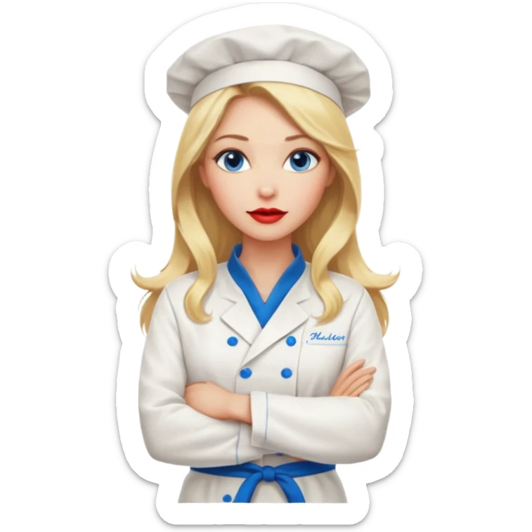 Beautiful, sexy,  long blonde hair, blue eyed, full red lips plunging v neck chefs coat, female chef arms folded  sticker