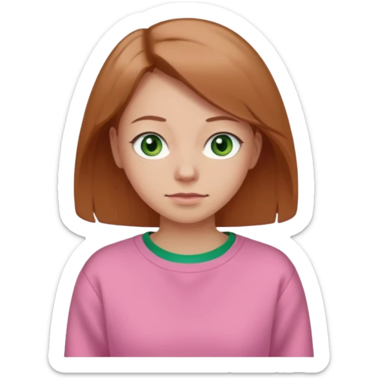  Una donna con una felpa semplice rosa, senza cappuccio. i capelli sono lunghi fino alle spalle marroni chiaro,gli occhi sono verdi e la bocca è contenta ma non sorride sticker