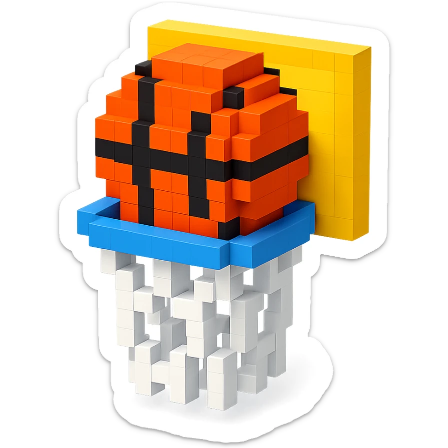 A voxel-style basketball in a net, detailed and intricate sticker