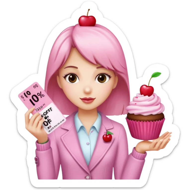 make a elegant girl with a ticket in her hand that says 10 precent off, and in the other had put a cupcake sticker