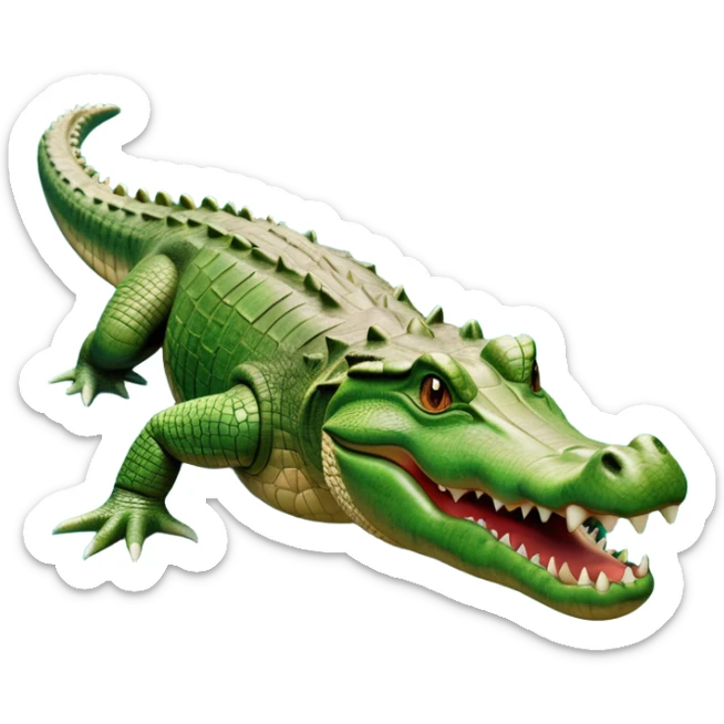 cinematic-crocodile-realistic-full-body-on all fours-emoji,-massive-scaled-body-partially-submerged-in-shallow-water,-head-tilted-dramatically,-rough-green-and-brown-hide-textured-with-deep-ridges,-simplified-yet-realistic-focused-features, head held high sticker