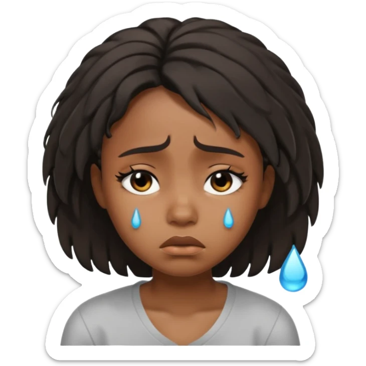sad crying black girl with straight messy hair, iOS memoji style, big teardrops sticker