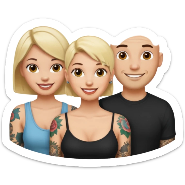 throuple blonde female brunette female with tattoed bald male sticker