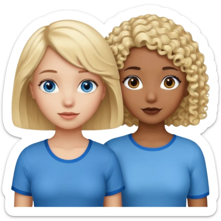 Girl best friends, one white with blond bob and blue eyes, one black with curly hair sticker