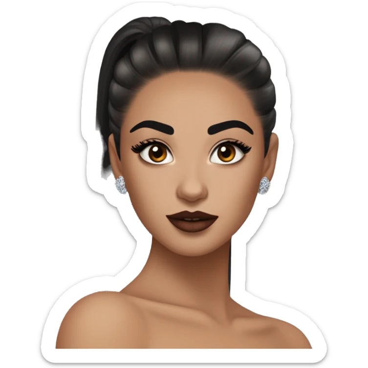 Alexa Demie euphoria show: warm brown eyes, bold black sharp eyeliner, sparkly rhinestones on eyes, dark arched brows, full nude-berry lips, light skin, high cheekbones, sleek dark brown long straight hair in ponytail.

 sticker