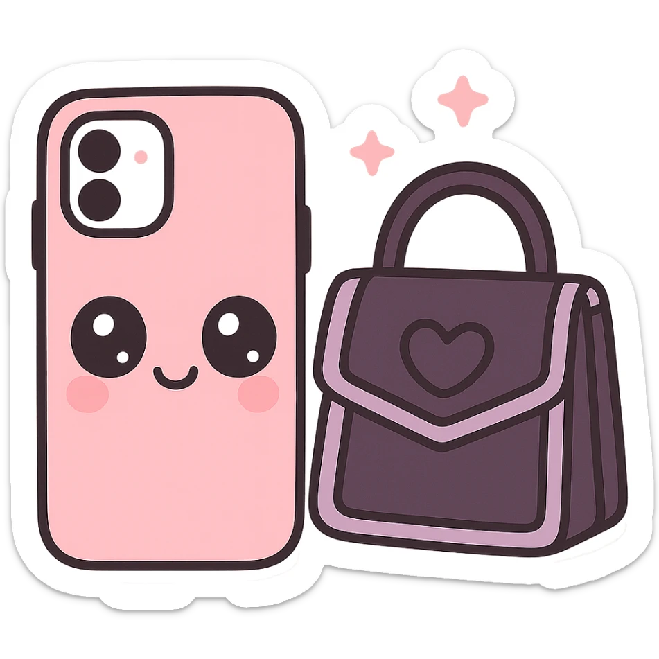 pink and black gothic phone case, kawaii style, big eyes, smiling, cartoonish, playful, matches gothic purse sticker