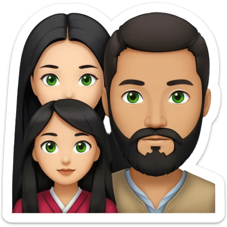 Asian woman with black long hair together with European guy who has black beard, green eyes  sticker