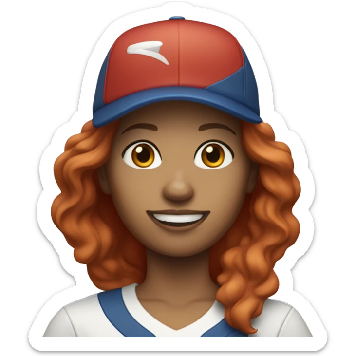 front facing standing female coach with long red hair, wearing a white t-shirt and a simple baseball blue hat sticker