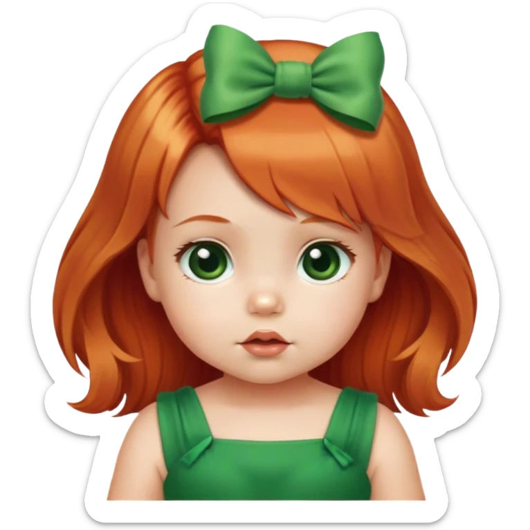 baby girl with  1  bow   red blond mix hair  in green dress  sticker