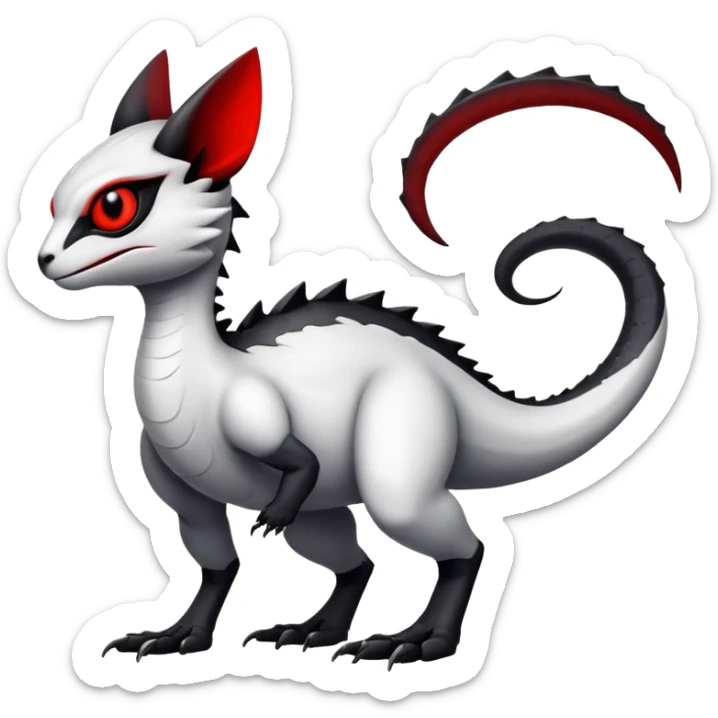a white exotic edgy vernid-fionbr-Fakémon-creature, with black belly and red eyes, full body sticker