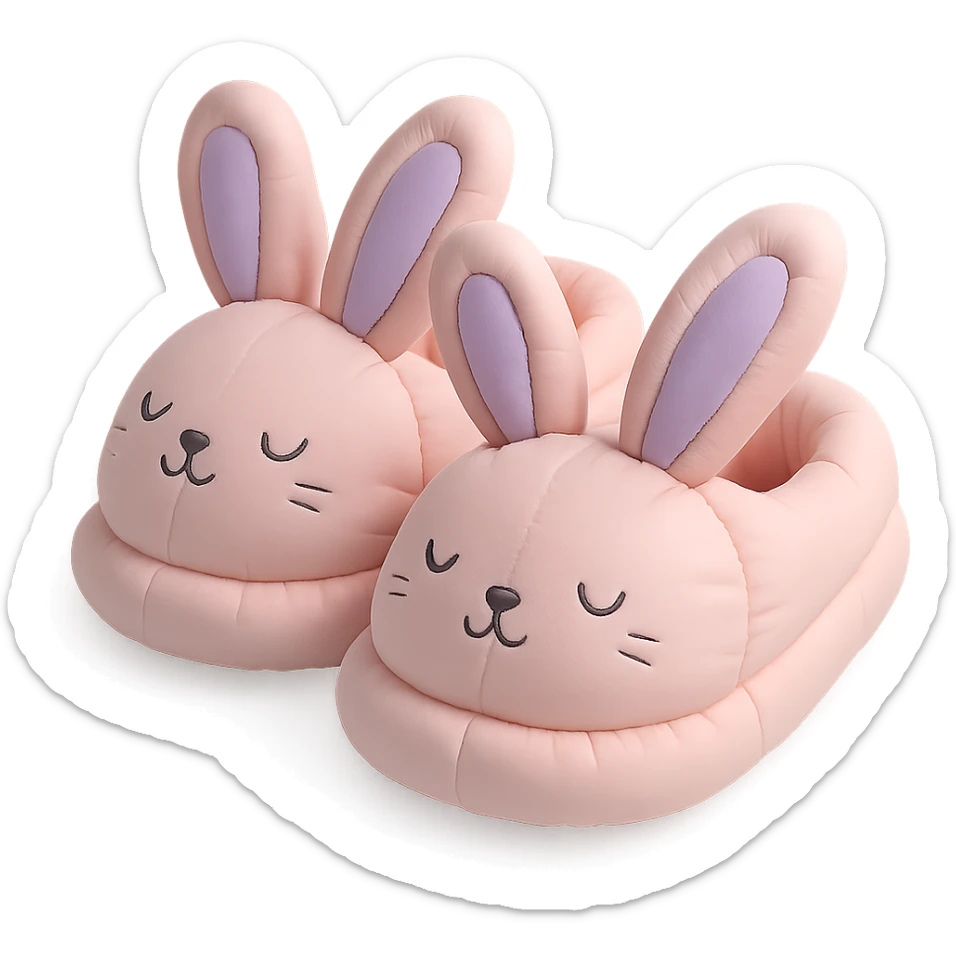 pair of bunny slippers with floppy ears and embroidered eyes, cozy and rounded, pastel palette, cushion style sticker