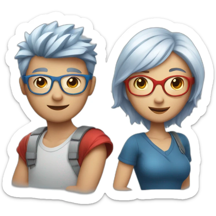 a boy with silver hair and a curvy girl with red hair and blue glasses hugging sticker
